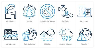 une ensemble de dix climat changement Icônes comme air pollution, incendies, extinction de espèce vecteur