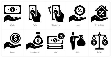 une ensemble de dix prêt et dette Icônes comme espèces, monnaie, prêt vecteur