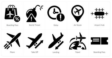 une ensemble de dix aéroport Icônes comme embarquement passer, bombe menace, retard vecteur
