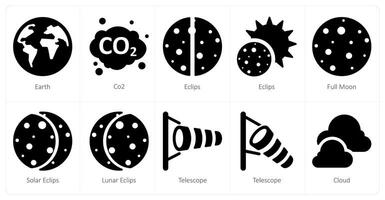 une ensemble de dix temps Icônes comme Terre, co2, éclipse vecteur