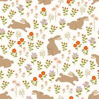 Pâques sans couture modèle avec main tiré mignonne lapins sur printemps jardin pour Pâques emballage papier, tissu, textile, vêtements ou fond d'écran vecteur