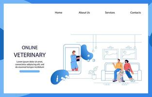 vétérinaire consultation en ligne site Internet bannière maquette avec animaux domestiques propriétaires et vétérinaire médecin sur écran de mobile téléphone. atterrissage page pour vétérinaire clinique en ligne Conseil application. vecteur