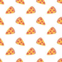 Pizza tranche avec pepperoni sans couture modèle. italien nourriture Contexte. Facile griffonnage, main tiré cuisine fond d'écran. plat illustration. vecteur