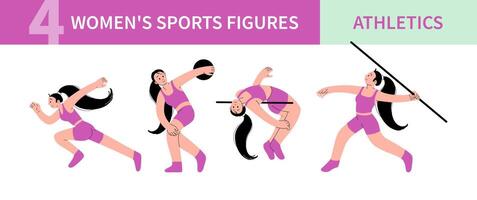 femmes des sportifs personnages faire des exercices ensemble. professionnel femelle les athlètes. en cours d'exécution, haute sauter, disque et javelot lancement. Icônes pour des sports compétitions. moderne minimal conception. plat illustration vecteur