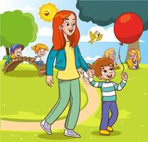 content famille en marchant dans le ville parc. père, mère, fils et fille ensemble en plein air. illustration dans dessin animé style vecteur