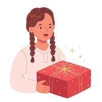 le fille est en portant une rouge cadeau boîte dans sa mains. une content fille.anniversaire. de fête ambiance. pastel couleurs. main dessiner. vecteur