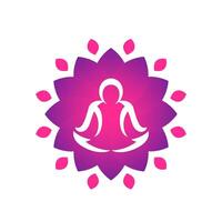 yoga logo modèle, homme méditer plus de lotus fleur sur blanc vecteur