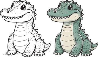 crocodile mignonne dessin animé personnage ligne dessin et coloré coloration page vecteur