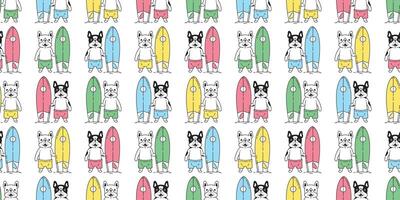 chien sans couture modèle français bouledogue planche de surf plage océan été dessin animé écharpe isolé répéter fond d'écran tuile Contexte griffonnage illustration conception vecteur