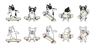 chien français bouledogue planche à roulette icône le surf patin dessin animé personnage symbole race animal illustration griffonnage conception vecteur