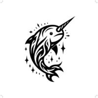 narval dans moderne tribal tatouage, abstrait ligne art de animaux, minimaliste contour. vecteur