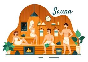 sauna et vapeur pièce illustration avec gens se détendre, la lessive leur corps ou profiter temps dans plat dessin animé Contexte conception vecteur