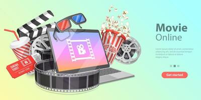 3d film théâtre, en ligne cinéma en train de regarder, cinématographie et réalisation. vecteur