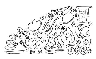 cuisine temps affiche et logo, fourchette, couteau. caractères, calligraphie logo, esquisser style, cœur main tiré illustration. vecteur