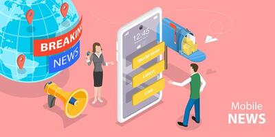 3d isométrique plat concept de en ligne nouvelles application, numérique à l'échelle mondiale médias. vecteur