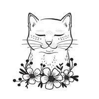 mignonne main tiré chat avec fleurs. illustration dans griffonnage style. vecteur