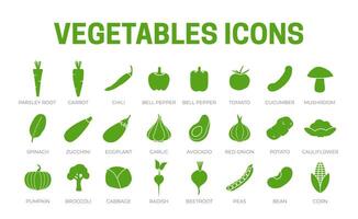 vert des légumes icône ensemble de persil racine, carotte, Chili, paprika, poivre, tomate, concombre, champignon, épinard, courgette, aubergine, ail, oignon, brocoli, chou, un radis, betterave, blé Icônes. vecteur