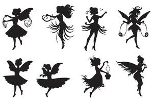 ensemble de silhouettes magique fées dans le dessin animé style gratuit conception vecteur