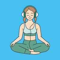 souriant yoga fille dans écouteurs écoute à la musique conceptuel illustration de yoga observation vecteur