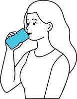 illustration de une femme en buvant l'eau de une bleu Plastique bouteille vecteur