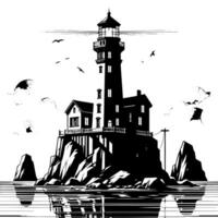 noir et blanc illustration de une traditionnel vieux phare sur le rochers vecteur