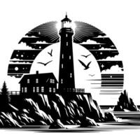 noir et blanc illustration de une traditionnel vieux phare sur le rochers vecteur