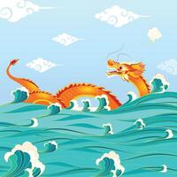 un illustration de une dragon dans le l'eau avec le mots une sur il. dragon avec mer vagues bleu Contexte vecteur