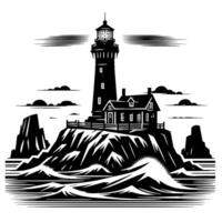 noir et blanc illustration de une traditionnel vieux phare sur le rochers vecteur