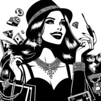 noir et blanc illustration de une chanceux luxueux achats Dame avec Sacs et diamants et parfum vecteur