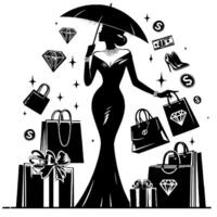 noir et blanc illustration de une chanceux luxueux achats Dame avec Sacs et diamants et parfum vecteur