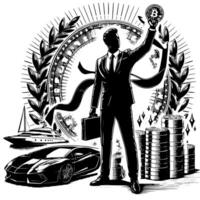 noir et blanc illustration de une réussi affaires homme avec bitcoins argent voitures et luxus vecteur