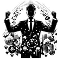 noir et blanc illustration de une réussi affaires homme avec bitcoins argent voitures et luxus vecteur