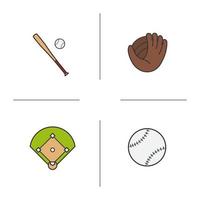 jeu d'icônes de couleur de baseball. batte et balle, mitaine, terrain. équipement de softball. illustrations vectorielles isolées vecteur