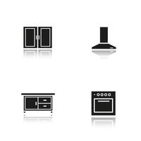 Ensemble d'icônes noires d'ombre portée de l'intérieur de la cuisine. hotte de cuisinière, cuisinière, comptoir de cuisine et armoire. illustrations vectorielles isolées vecteur
