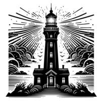 noir et blanc illustration de une traditionnel vieux phare sur le rochers vecteur