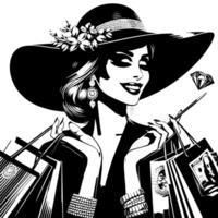 noir et blanc illustration de une chanceux luxueux achats Dame avec Sacs et diamants et parfum vecteur