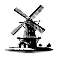 noir et blanc illustration de une traditionnel vieux Moulin à vent dans Hollande vecteur