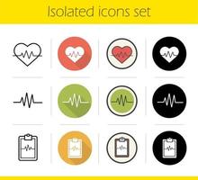 Ensemble d'icônes de cardiologie. design plat, styles linéaires, noirs et couleurs. moniteur cardio, courbe ecg et symboles de rythme cardiaque. soins de santé et symboles médicaux. illustrations vectorielles de soins cardiaques isolés vecteur