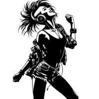 noir et blanc illustration de une punk femme est dansant et tremblement dans une réussi pose vecteur