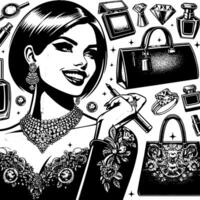 noir et blanc illustration de une chanceux luxueux achats Dame avec Sacs et diamants et parfum vecteur