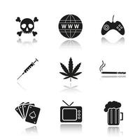 les dépendances et les mauvaises habitudes tombent ensemble d'icônes noires d'ombre. crâne et os croisés, globe www, manette de jeu, seringue, feuille de marijuana, cigarette, jeu de cartes, télévision, chope de bière. illustrations vectorielles isolées vecteur