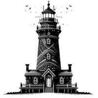 noir et blanc illustration de une traditionnel vieux phare sur le rochers vecteur