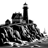 noir et blanc illustration de une traditionnel vieux phare sur le rochers vecteur