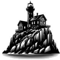 noir et blanc illustration de une traditionnel vieux phare sur le rochers vecteur