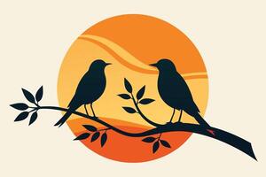 minimaliste illustration silhouette deux des oiseaux sur branche à le coucher du soleil vecteur