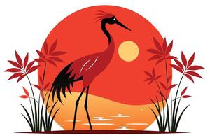 rouge couronné grue silhouette à le coucher du soleil illustration vecteur