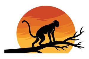 singe silhouette sur le coucher du soleil branche illustration pour mur art affiches vecteur