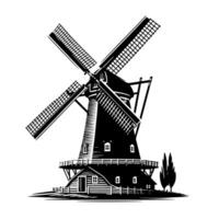 noir et blanc illustration de une traditionnel vieux Moulin à vent dans Hollande vecteur