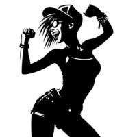 noir et blanc illustration de une punk femme est dansant et tremblement dans une réussi pose vecteur