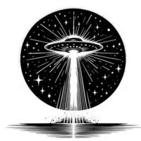 noir et blanc illustration de un OVNI en volant soucoupe vecteur